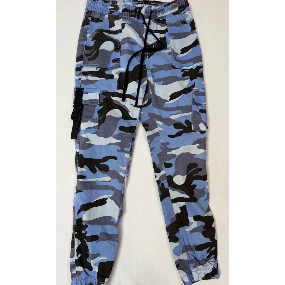 VIP Blue Camo Cargo Jogger Pants Size 11/12 Elastic Waist Buckle Streetwear